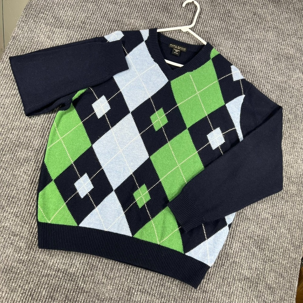 Mark Shale Cashmere Sweater Mens Large Blue Green Diamond Argyle Long Sleeve